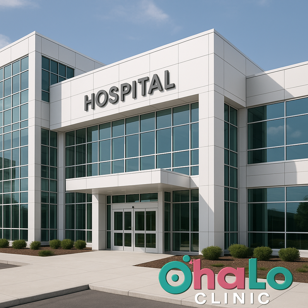 בניין רפואי מודרני עם לוגו HALO Clinic – רקע להסרת נקודות חן כללית