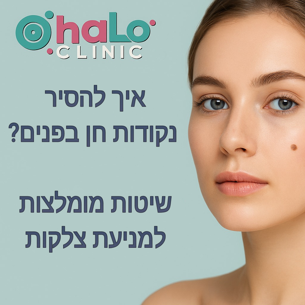 אישה עם נקודת חן בפנים ולוגו של HALO CLINIC – מידע על הסרת נקודות חן בפנים ללא צלקות